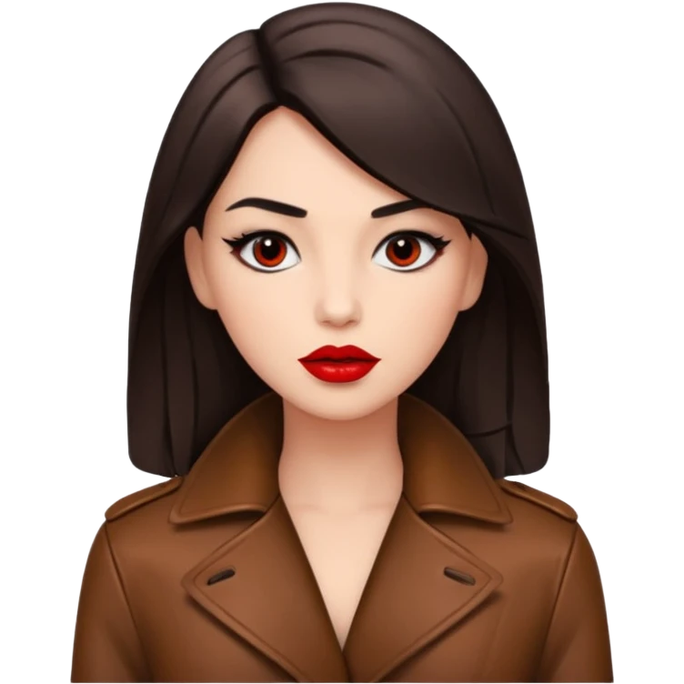 brunet in cuir coat with red lips and black eyes emoji