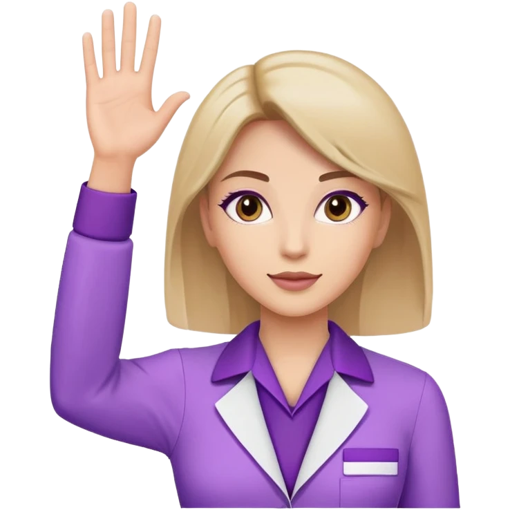 A woman raising her hand, wearing a purple beauty salon work uniform with a professional appearance emoji