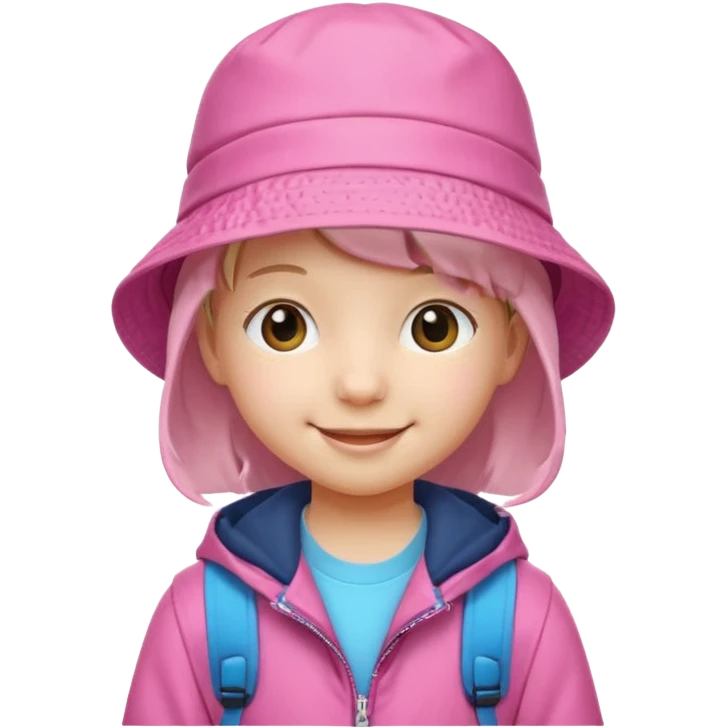 Little student wears pink bucket hat and jacket, backpack, happy emoji