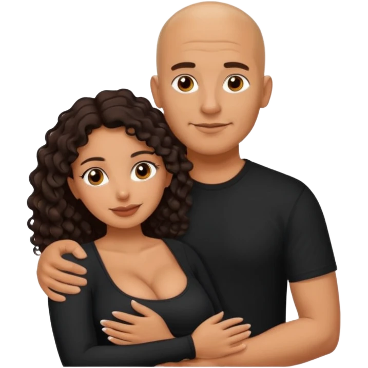 A picture of an embracing tanned couple. the man is a Mexican man with tanned skin, with a bald hair cut, and wearing a black shirt. the woman is mixed, with glasses,  with long curly dark brown hair and with big boobs. Remove the glasses from the guy emoji