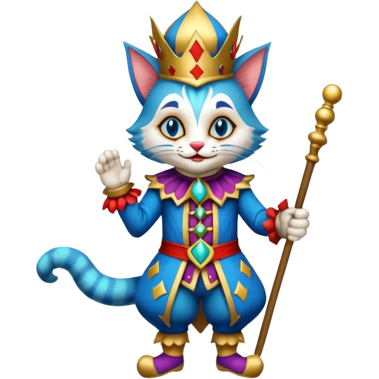 crazy colorful cute little cat jolly joker from poker, medieval, vintage, court jester, mac os icon, blue color, full body emoji
