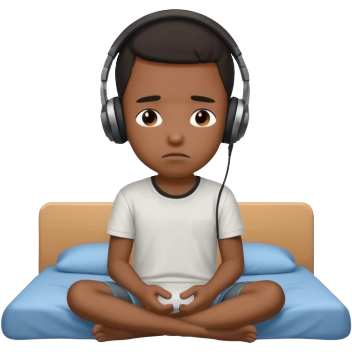 Sad black kid with headphones on sitting on a bed emoji