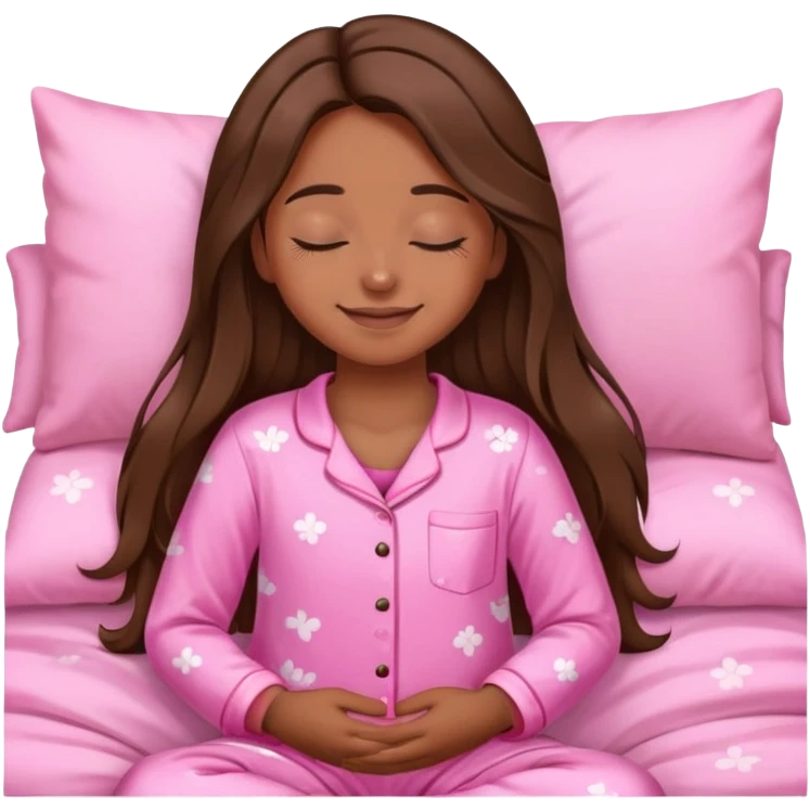The brown long hair girl going to sleep in pink pajama with smile and closed eyes emoji