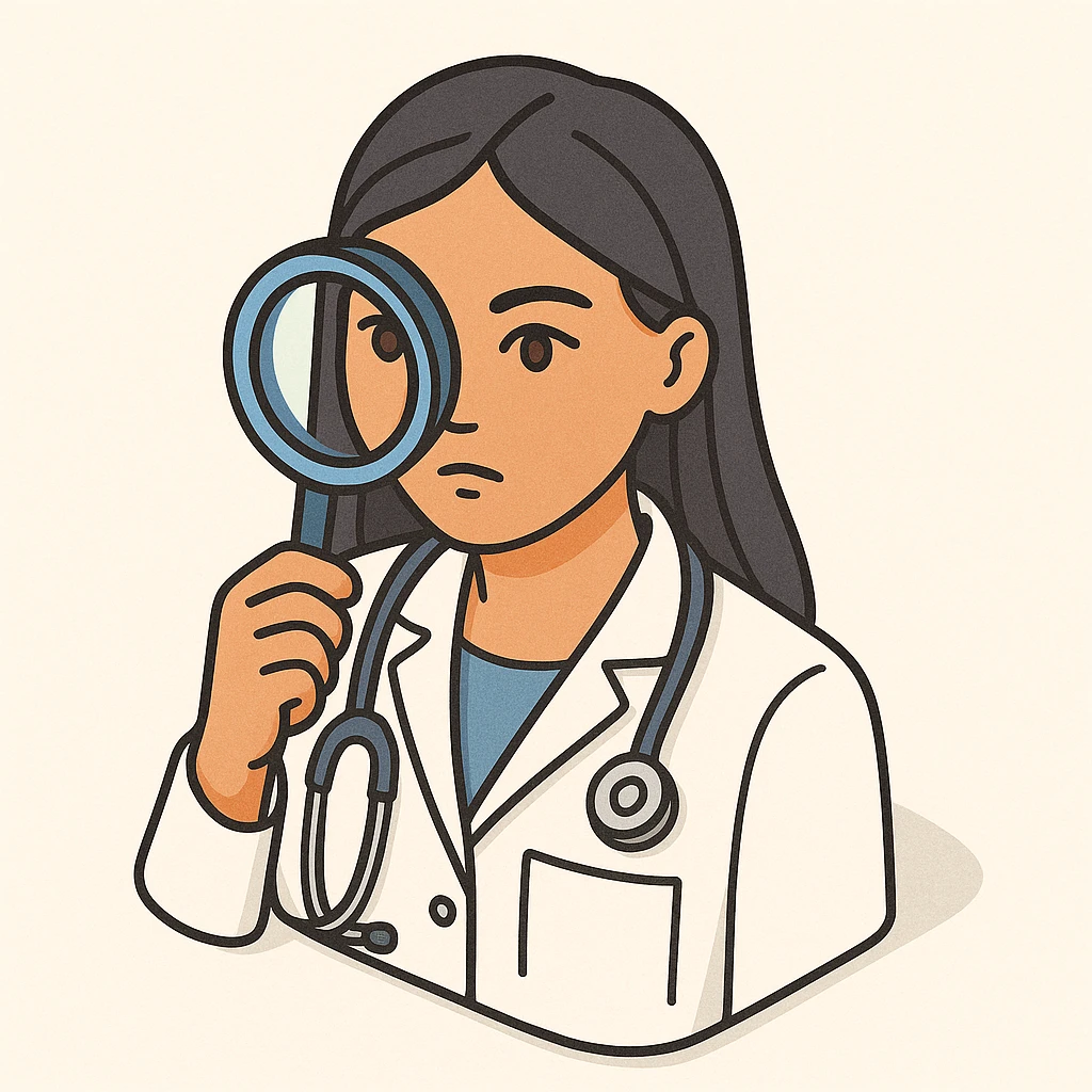 front view of a female doctor with dark long straight hair, detailed brown eyes (not dots), wearing a white coat, looking straight at the camera through a magnifying glass, thoughtful facial expression, minimalist background, 2D isometric style emoji