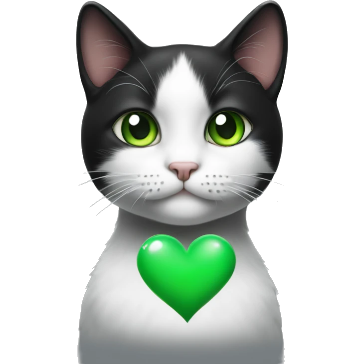 Realistic Black and white cat with green eyes holding a heart emoji