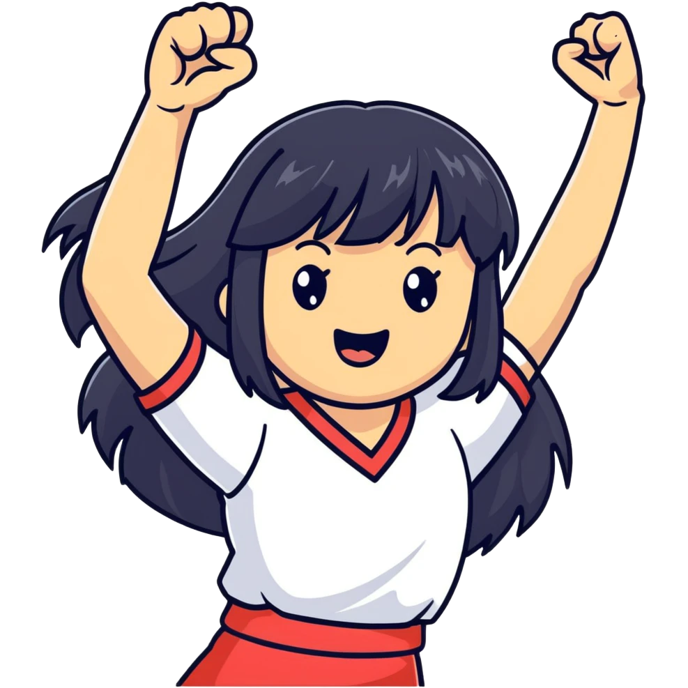 East Asian woman with long black straight hair and bangs cheering for Doosan Bears baseball team emoji