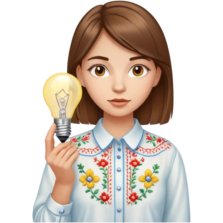 A Ukrainian girl with brown hair in an embroidered shirt holds a light bulb emoji