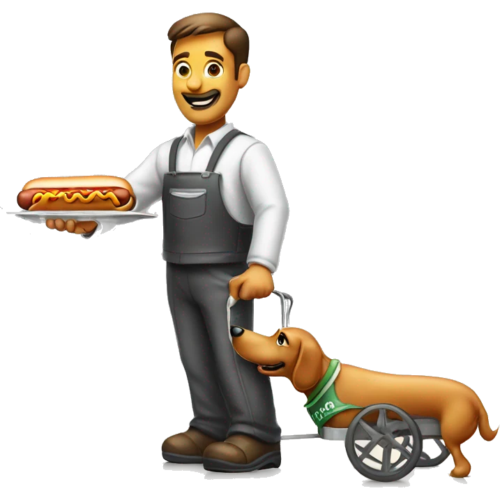 hot dog vendor holding a hot dog in his hand with a hot dog cart in the background with a white background emoji