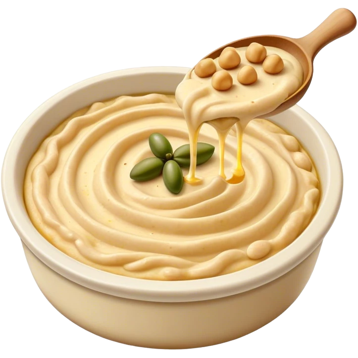Cinematic Realistic Hummus Dish Emoji, depicted as a creamy chickpea dip drizzled with olive oil rendered with rich textures and warm, inviting lighting. emoji