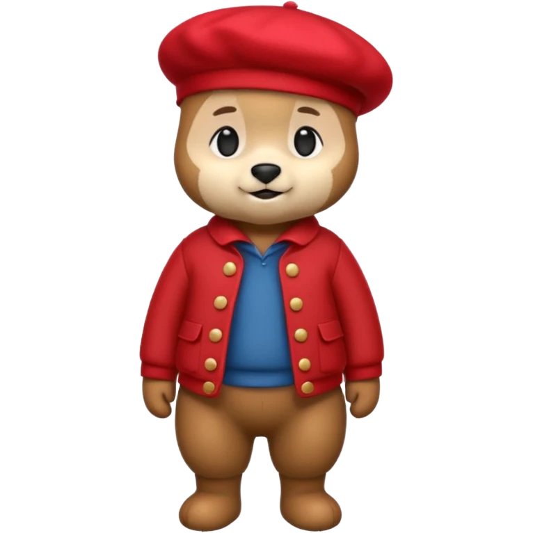 A cute emoji bear, full-length, side view, wearing a stylish red beret. emoji