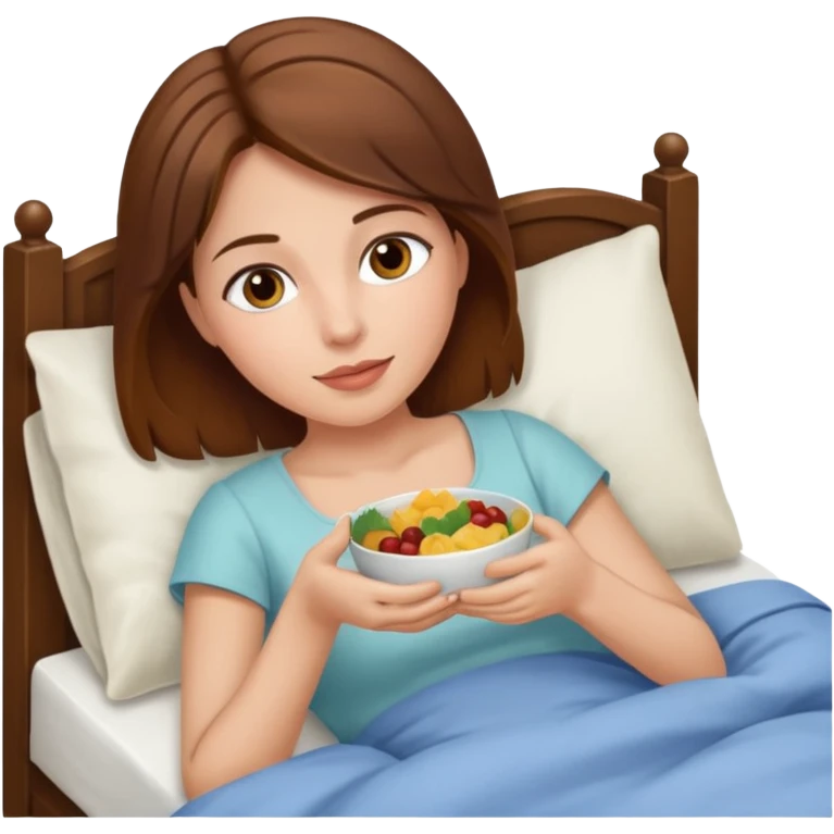 Brown hair woman laying in bed eating  emoji