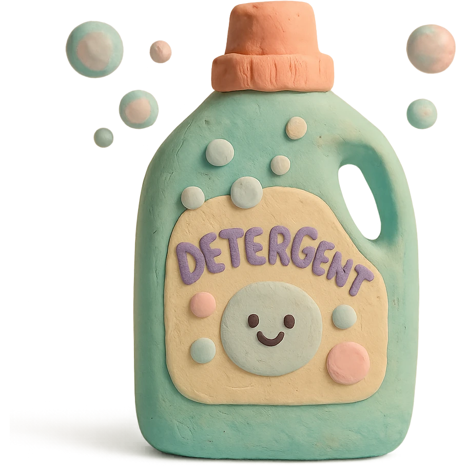 detergent bottle in claymation style with bubbles and a playful label, pastel palette emoji