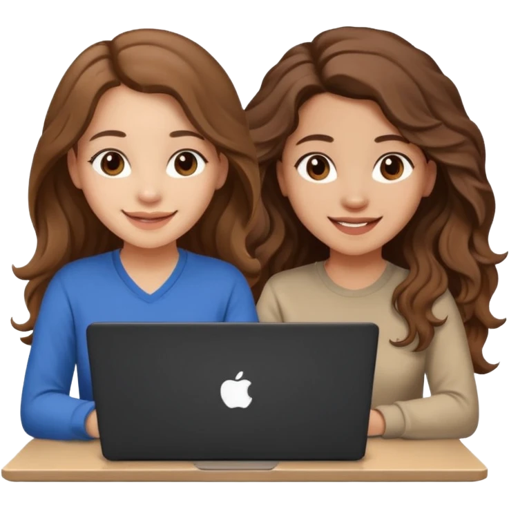Cute female developer style sitting in front of laptop. No glasses, smiling with long hair waves. Light skin tone in early 20s. One black hair laptop emoji