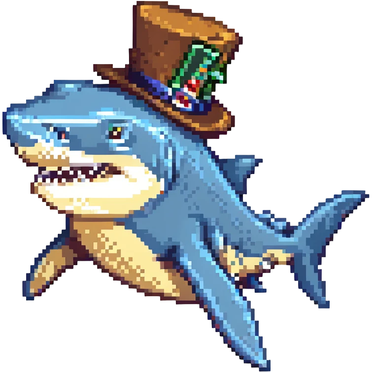 pixel art style blue shark, elegant tophat emoji