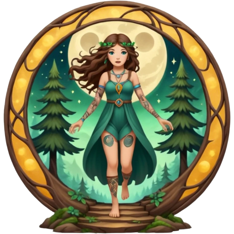 forest mystic woman long wavy brown hair tattoos stepping through small moon portal emoji