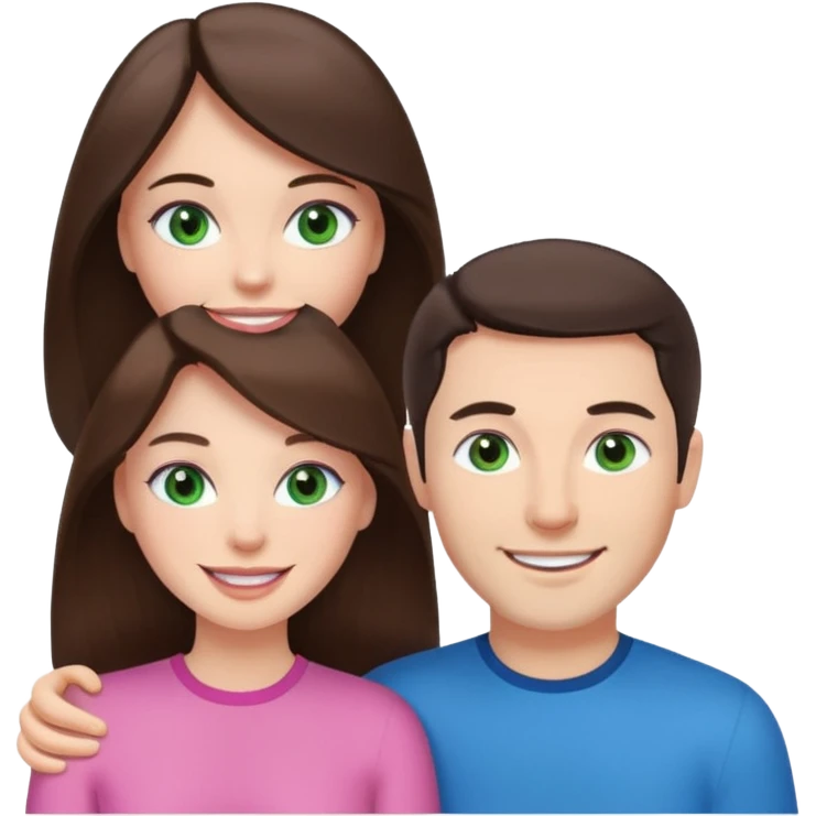 pink polaroid photo of a couple thats white with long brunette hair blue eyes and a white guy with short brunette hair and green eyes emoji