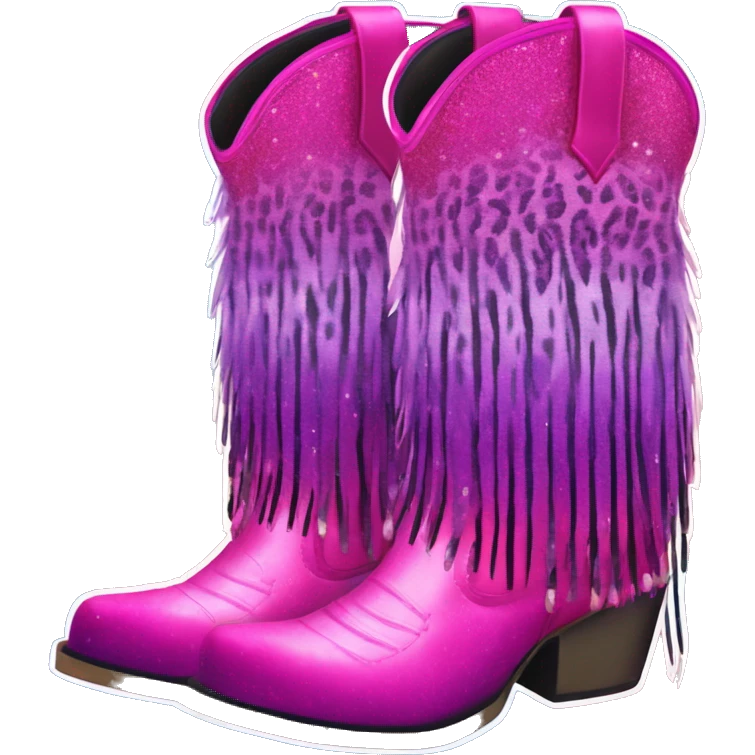 Realistic hot pink to purple ombre leopard print pair of fashion cowgirl boots with sparkly shiny glitter fringe on them. emoji