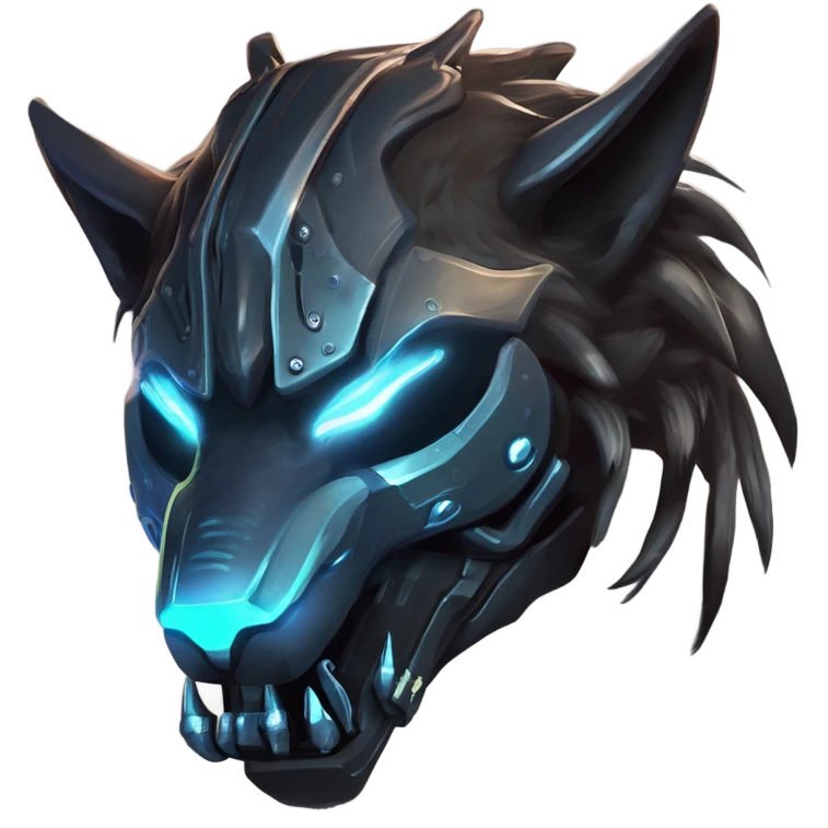 Warframe-inspired wolf Warframe with sleek biomechanical armor, a snarling wolf-like helmet, glowing eyes, and clawed gauntlets. Dark metallic colors with glowing energy lines, blending feral agility and deadly stealth. emoji