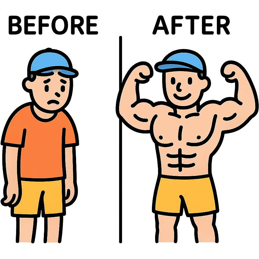in the picture is devided in to two parts, at the first the sportsman is weak and lazy, but at the second picture the same sportsman is very strong because he doing a workout regularly. There is no line between the picture, at the first picture the is a word before, in the second picture there is a word after emoji