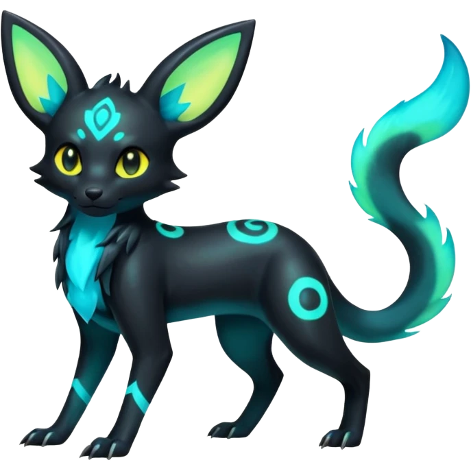 Shiny Ethereal Eldritch Cool Edgy Badass Punky Aural Iridescent Fluorescent Bioluminescent Umbreon-Amaura-Salandit-Litten-Fakémon-fusion (full body) emoji