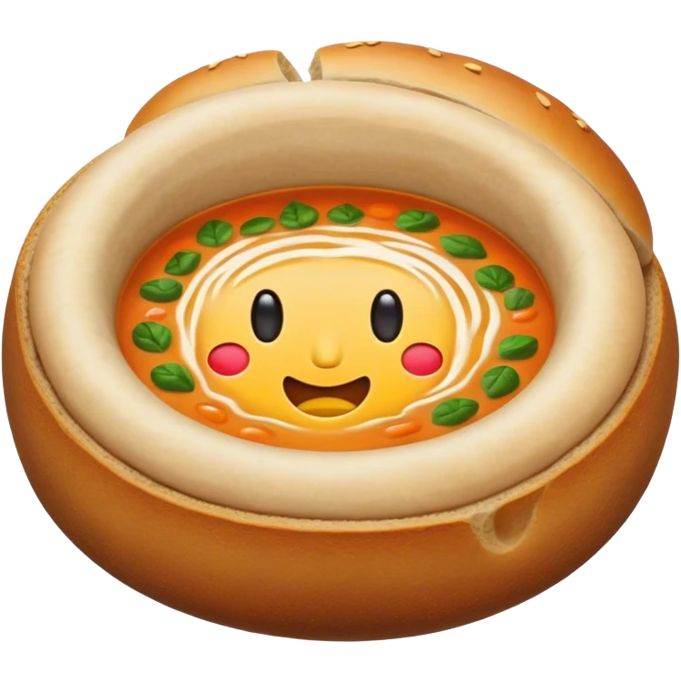 Żurek Cinematic Realistic Żurek Soup Dish Emoji, depicted as a tangy rye soup served inside a hollowed-out round loaf of bread, rendered with rich textures and dynamic, comforting lighting. emoji