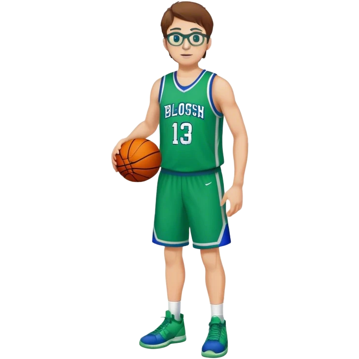 full body  white male basketball player  with brown hair wearing glasses in blue an green uniform emoji