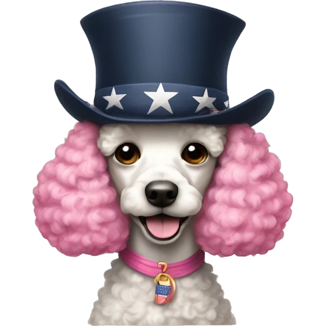 a poodle with pink fur wearing an american revolution style hat emoji