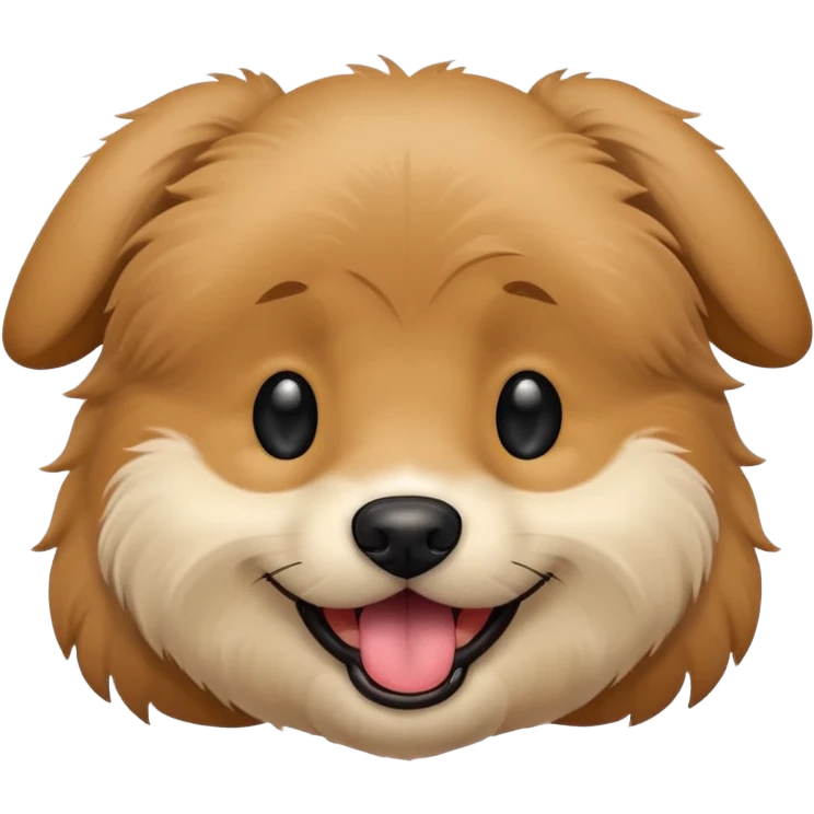 Dog face only, light brown fluffy dog, darker ears, small black nose, happy smiling with tongue out, simple emoji icon. emoji