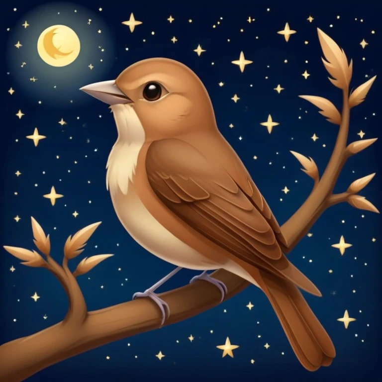 nightingale bird singing, small brown songbird against starry sky emoji