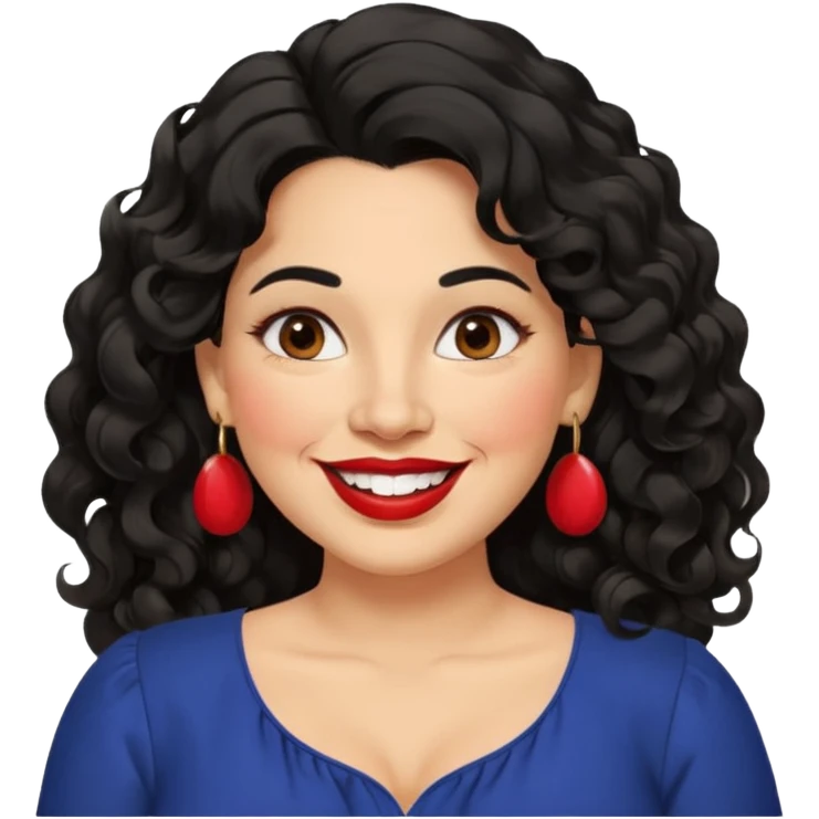 40 yr old Mexican woman, slightly chubby, wavy/curly long black hair, red lipstick, big smile, white teeth, brown eyes, hoop earings, side part to hair, round face, nice blouse, no wrinkle hair side swept, big hoop earing emoji