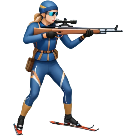 An icon showing a snowy landscape with pine trees, mountains and a clear sky with a biathlete aiming a rifle in the foreground, wearing winter gear and skis. Transparent background emphasizes the precision, endurance, and beauty of this winter sport. emoji