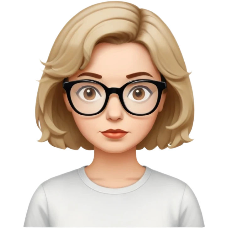 white woman in 50s, light warm skin, short messy bob with some waves, medium brown hair, big black thick glasses, white t-shirt, focused and serene look emoji