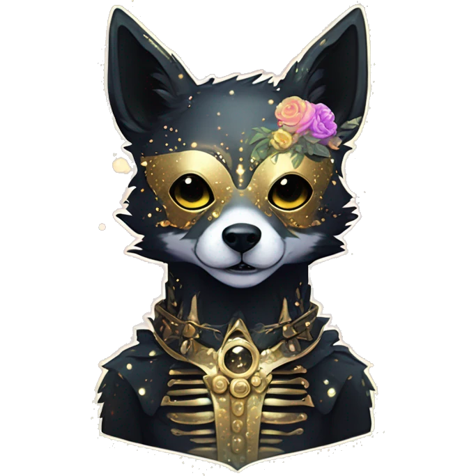 Sparkling Black iridescent dog fox zombie skeleton gold mechanical nebula galaxy stars flowers fairy lights vintage emoji