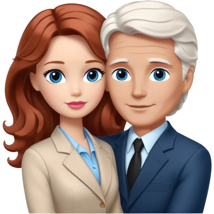Barbie girl  , eyes blue , Chestnut red long wavy hair In pale beige clothes, Hugs a man with dark white hair short haircut, brown eyes , and a black suit emoji