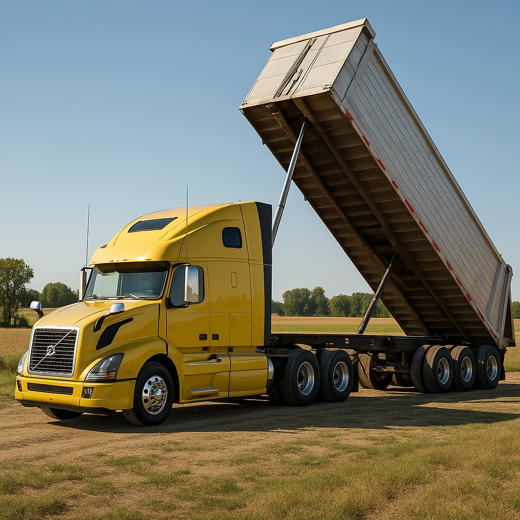 highly photorealistic Volvo yellow semi sleeper truck with a long silver end dump trailer in the raised dump position, parked in a rural country setting with fields and trees, bright daytime lighting, clear sky, truck facing to the left emoji