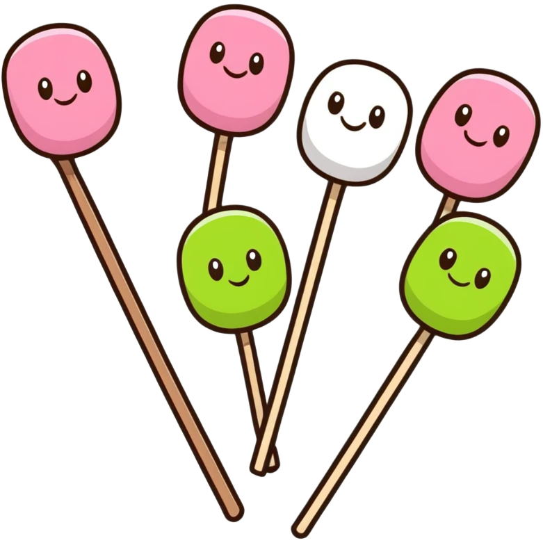 Cute kawaii Japanese dango with happy face, three colorful rice balls on a stick with pink, white, and green colors emoji