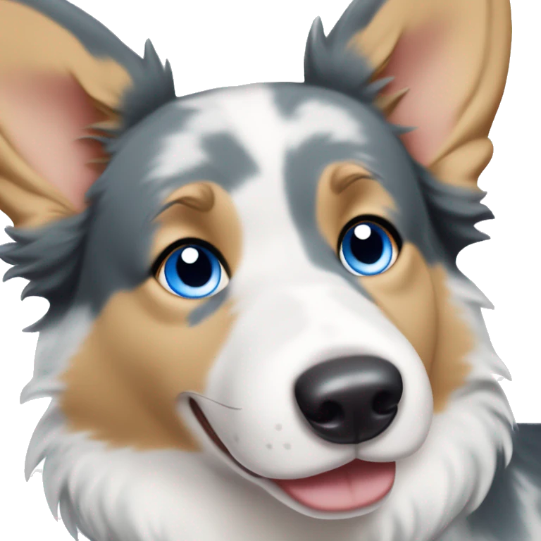 Blue Merle corgi with tan points and a half white face and blue eyes emoji