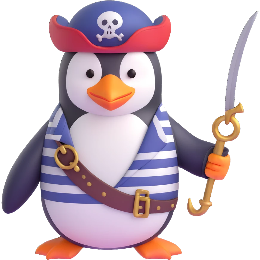 a penguin pirate with a hook hand and striped shirt emoji
