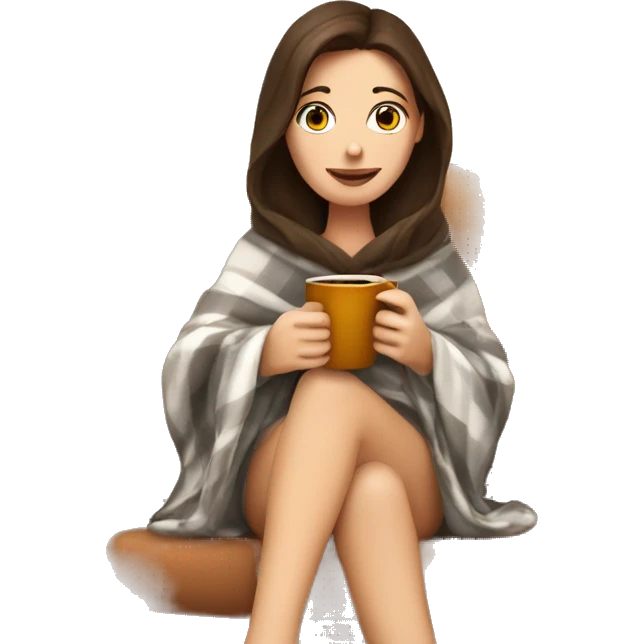 Brunette white girl covered in blanket autumn vibe sitting on a cozy chair holding coffee,  emoji