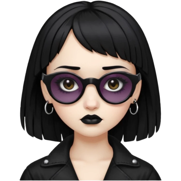 Faça uma moça de cabelo preto micro franja e penteado gótico pálida e com maquiagem gótica pesada olhos castanhos escuro e óculos de sol  emoji
