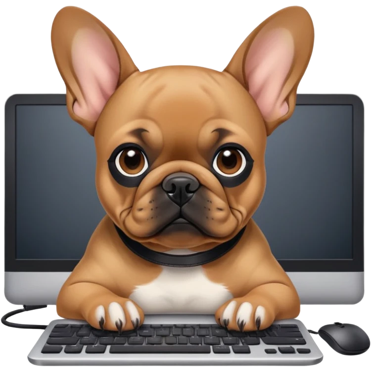 Fawn Frenchie with black muzzle working behind computer emoji