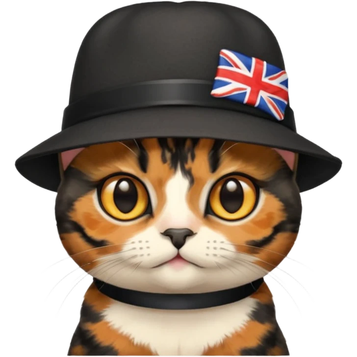 Cute mostly black tortoiseshell kitten wearing a british hat, golden eyes emoji