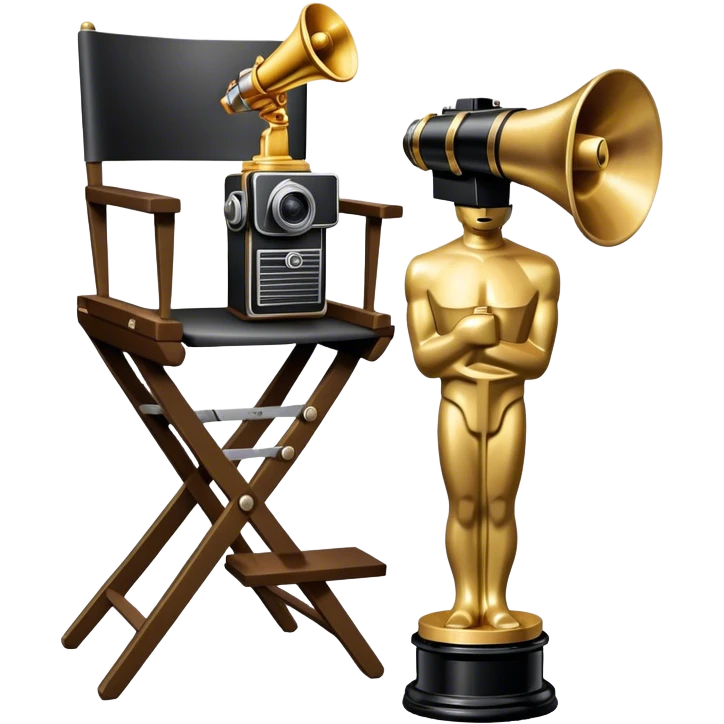 Professional icon for Directing: a collage featuring a director's chair, a film camera, a megaphone and an Oscar trophy. The icon should represent the craft and creativity of film directing, with emphasis on leadership and cinematic artistry. Transparent background. emoji