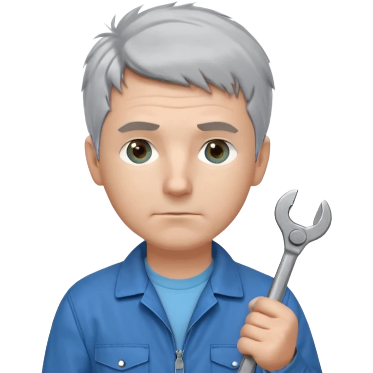 Calm and independent male technician, fair skin, short tousled grey hair, cool light-blue eyes, serious but composed expression, wearing a blue work jacket over a grey t-shirt, holding a wrench in one hand and a mechanical gear in the other, waist-up, front-facing emoji
