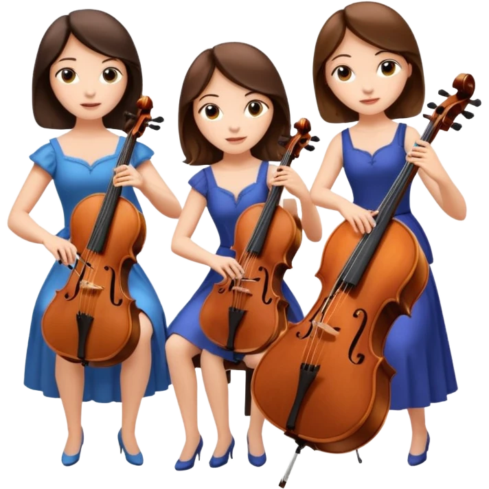 Create an imagine of three brunette women playing string instruments, the first is playing a cello, the second is playing a viola and the third is playing the violin emoji