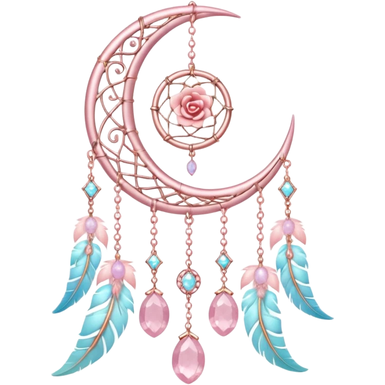 Rosy shiny glossy sparkly romantic pastel crescent damask moon with rose quartz pastel vines pastel gems pastel beads with feathers and chains  suncatcher-dreamcatcher emoji