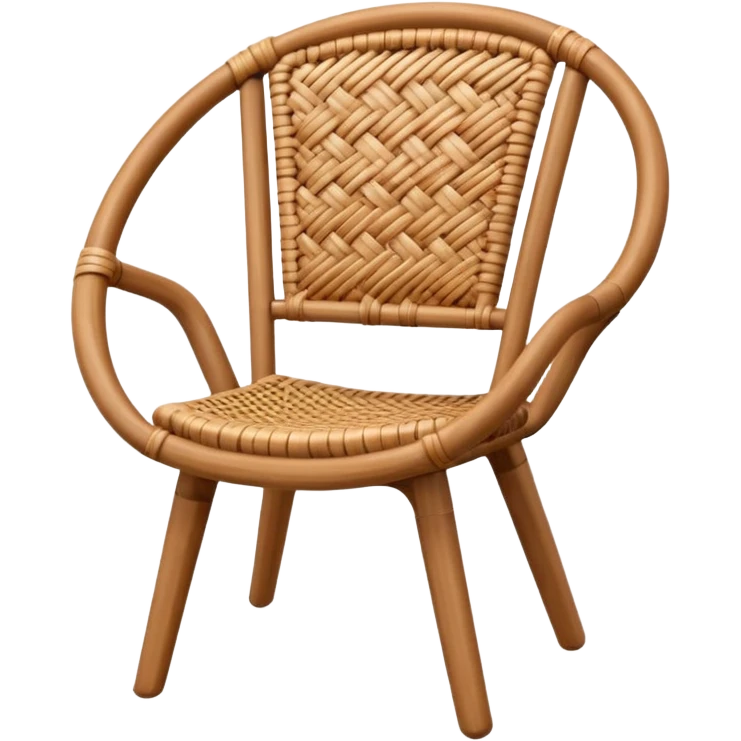 A 3D cartoon wooden chair with woven rattan seat, clean composition, bright background, Memoji-style rendering. emoji