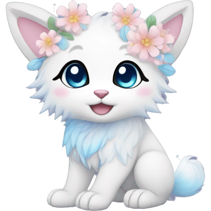 Anthro Cute Cool Kawaii gorgeous sparkly ethereal fantasy animal creature with blue eyes furry sona with flowers beautiful aesthetic emoji