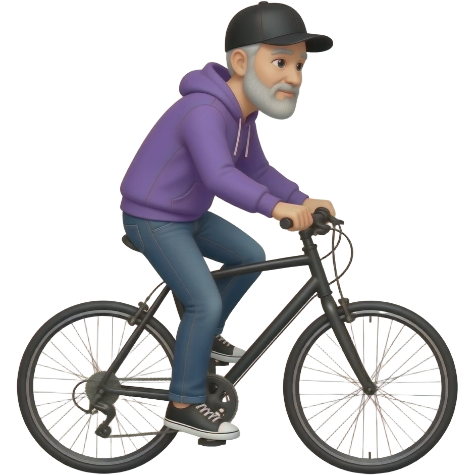 older tall skinny guy with black basecap, circle-beard and purple hoodie and jeans rides a black e-bike on white background. emoji
