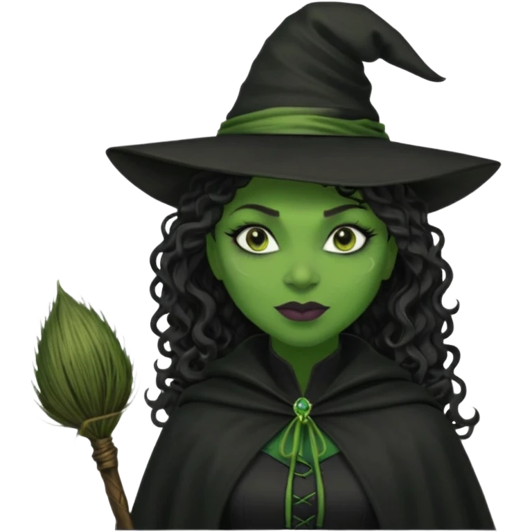 elphaba wicked witch with broom close up, evil dark curly long dark hair, green skin, thick green lips, cheekbones, smirk evil menacing cythia erivo dark aesthetic black hat cloak black broom emoji